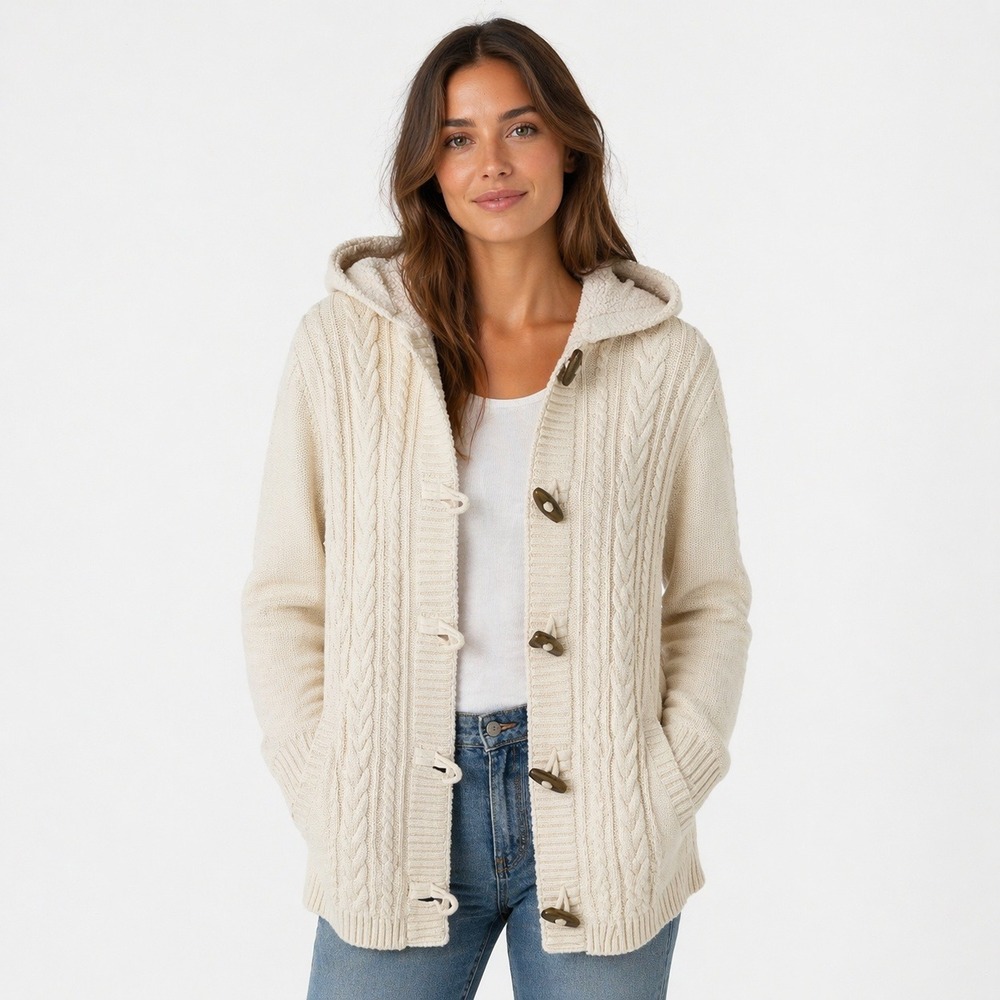 L.L. Bean Wool‎ Blend Fisherman Toggle Duffle Cardigan Women M Sherpa Hood Cream